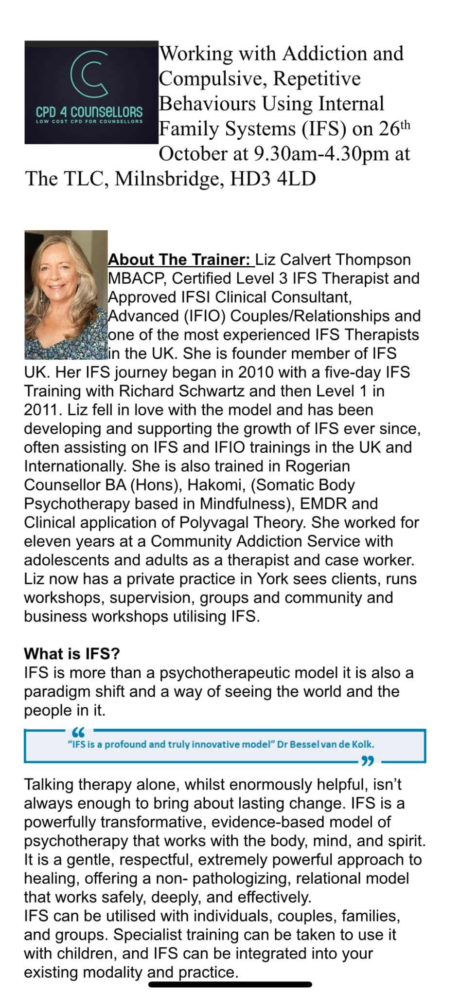 IFS and addiction workshop with Liz Calvert 