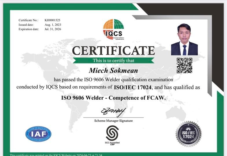 CAMBODIA\/ ISO 9606 Welder FCAW\/ Test