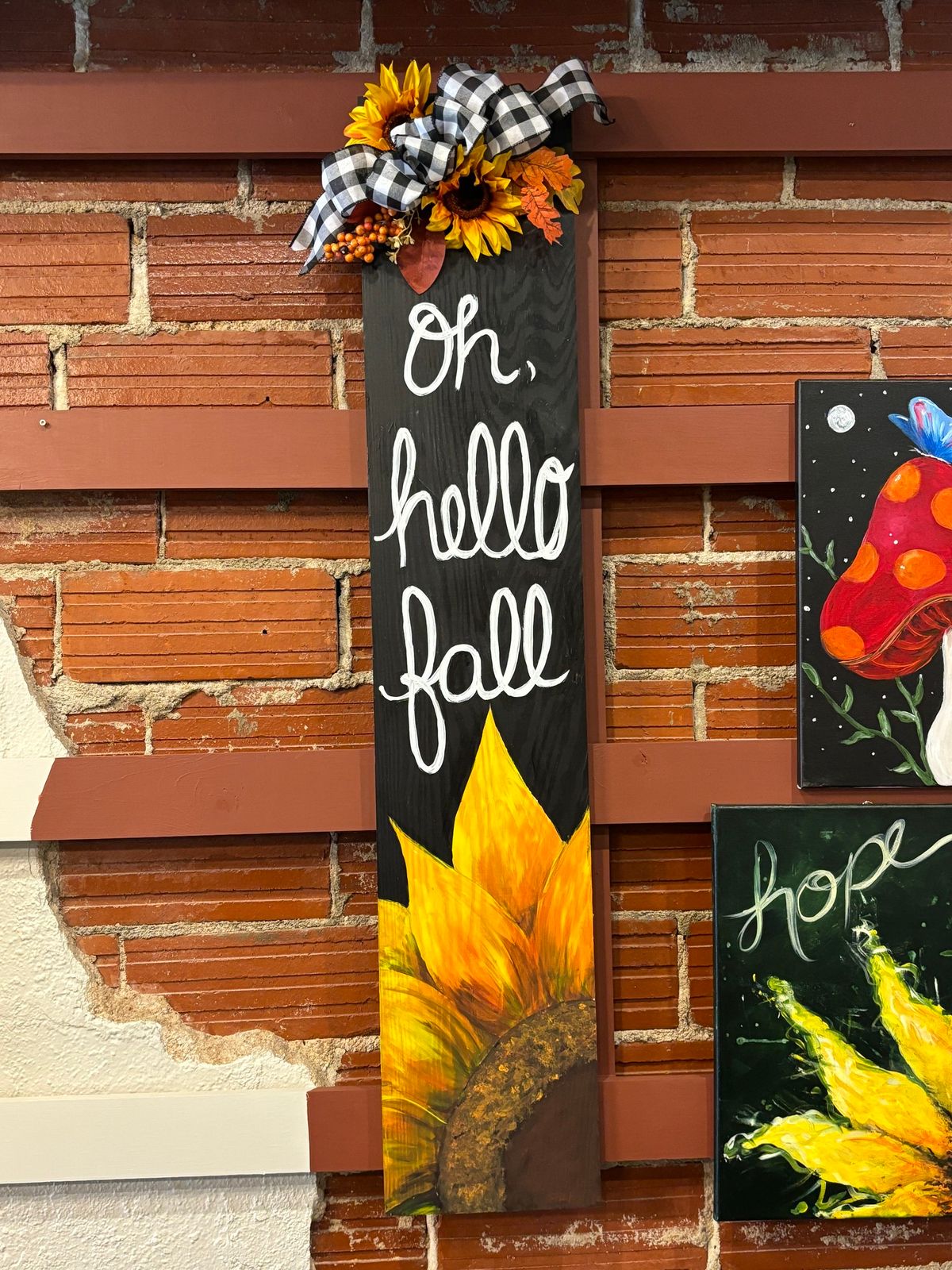 Wood Fall sign w\/silk flowers and bow