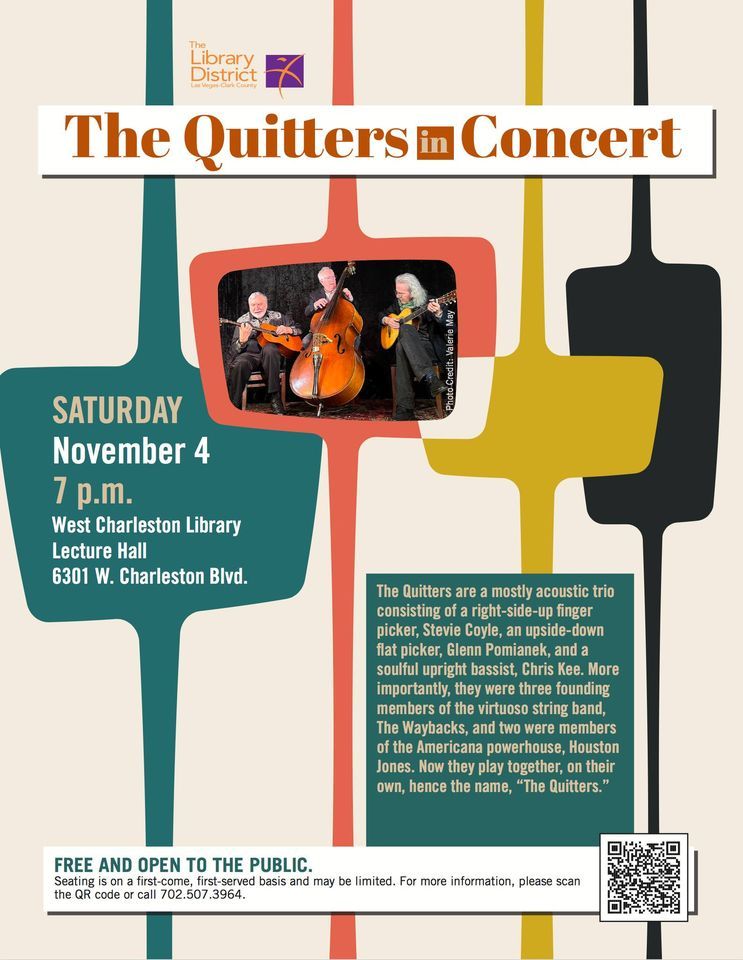 POSTPONED: The Quitters trio at The West Charleston Library, Las Vegas, NV
