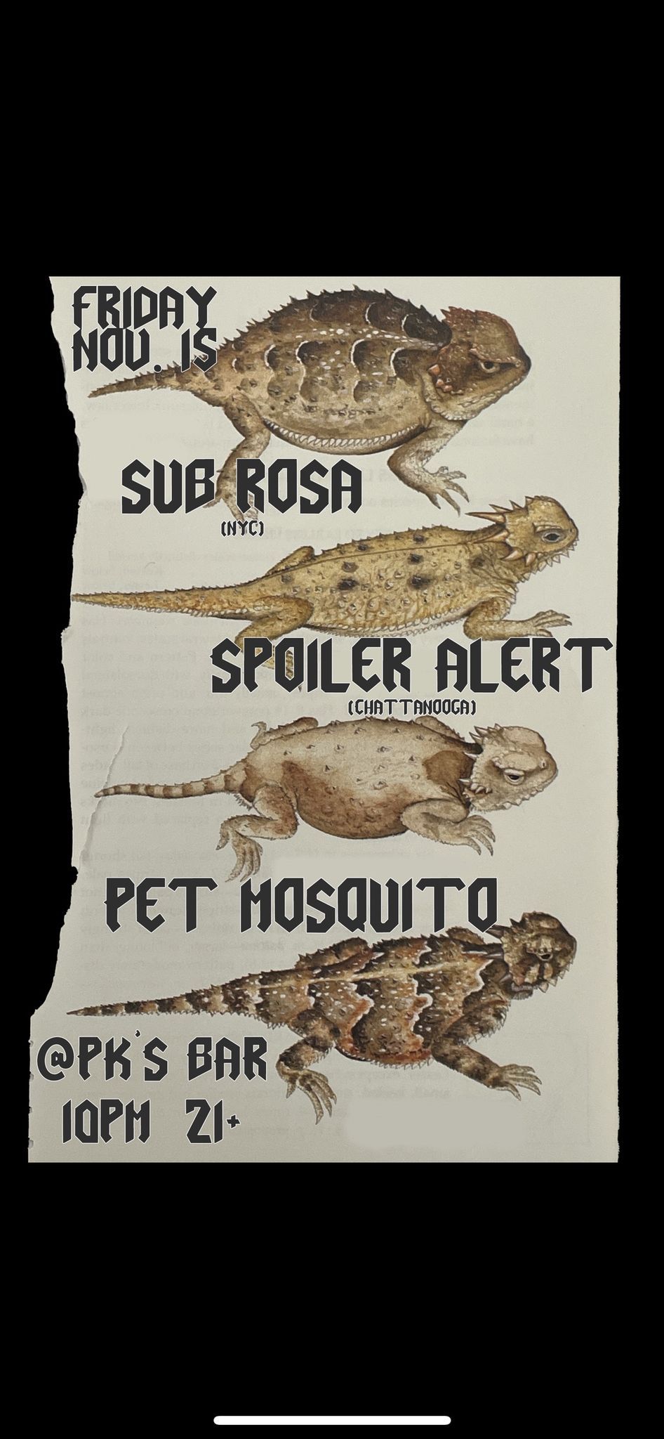 Spoiler Alert (Chattanooga) \/ Sub Rosa (NYC) \/ Pet Mosquito live at PK's \u2022 Fri 11\/15 10pm