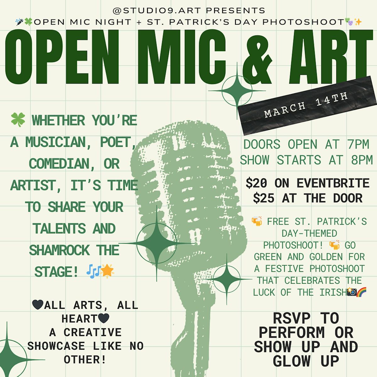 Open Mic Night + St. Patrick\u2019s Day Photoshoot! \u2728