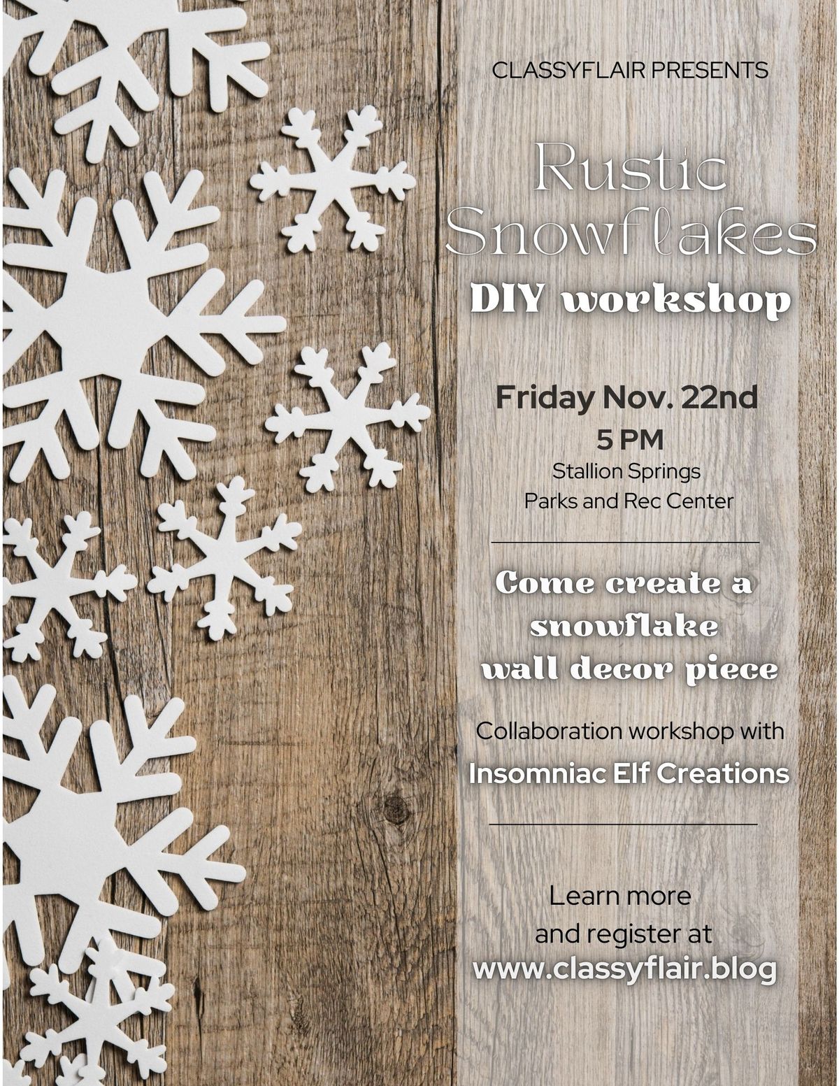 Rustic Snowflakes DIY workshop Nov 22