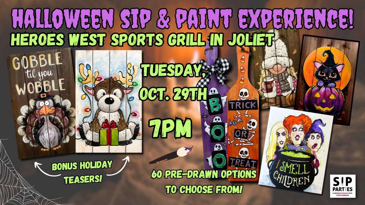 Pre-Drawn SIP & Paint Experience at Heroes West Sports Grill in Joliet! Tuesday, October 29th