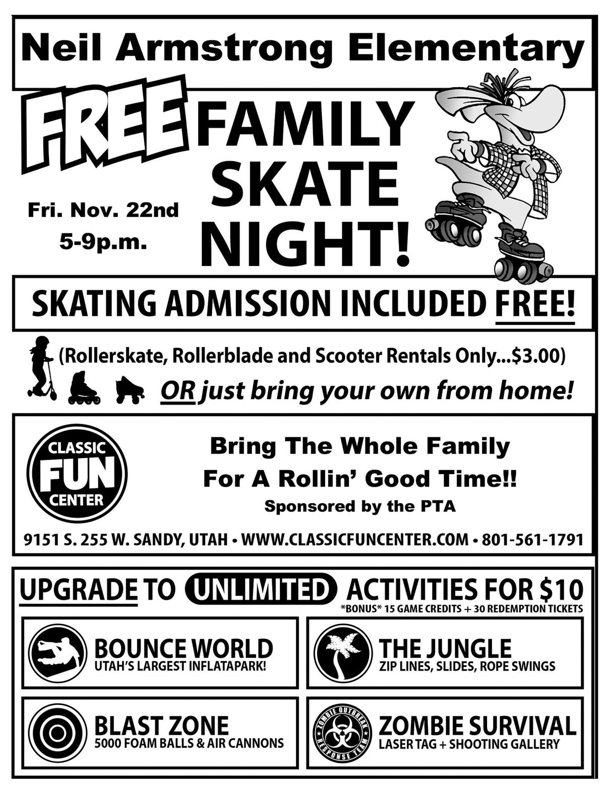 Neil Armstrong Academy Free Family Skate Night @ Classic Fun Center 