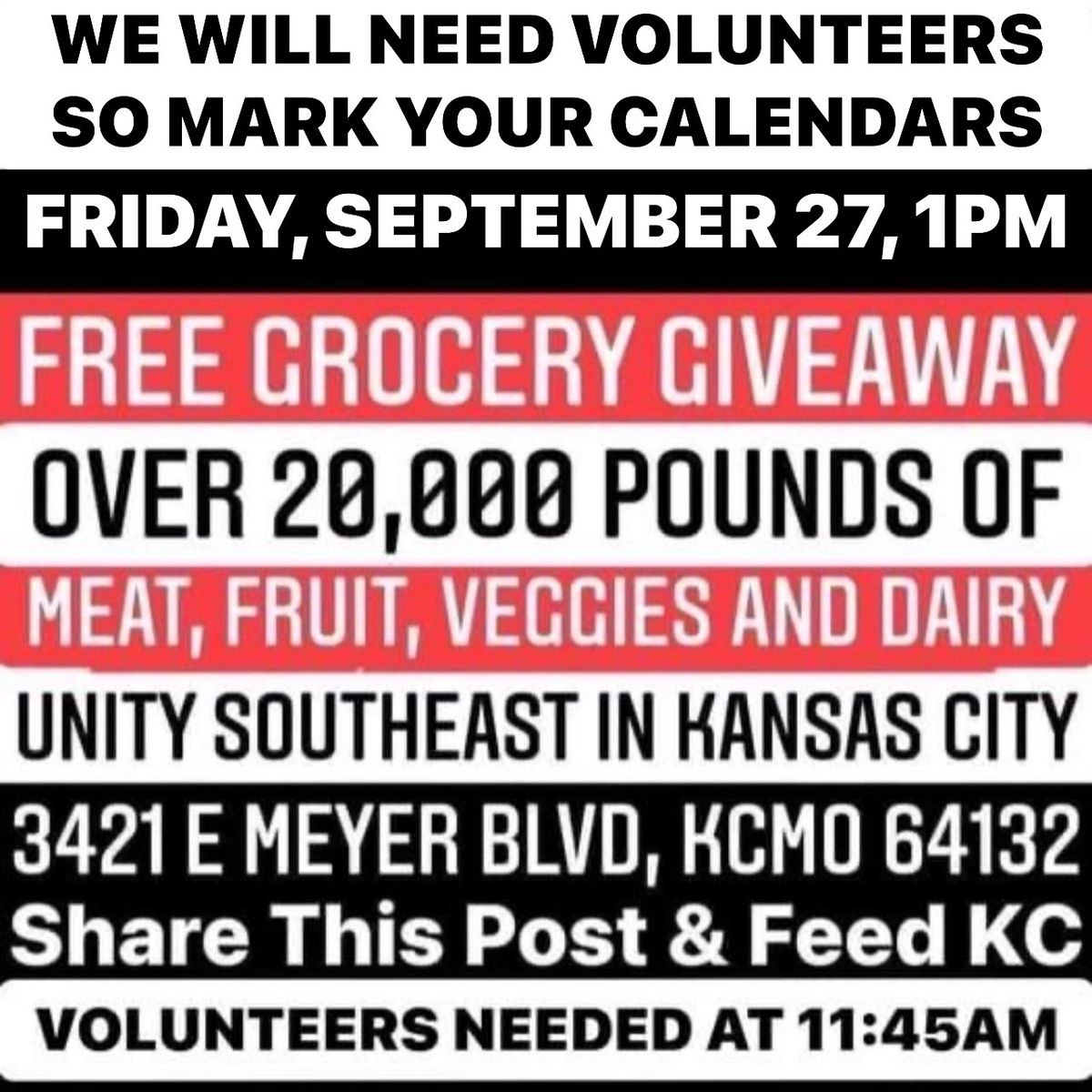 Volunteers Needed To Help Feed KC - Unity Southeast Grocery Giveaway