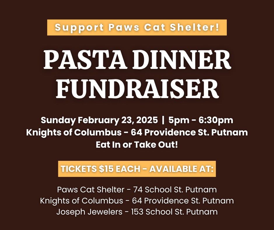 Pasta Dinner Fundraiser to Benefit Paws Cat Shelter 